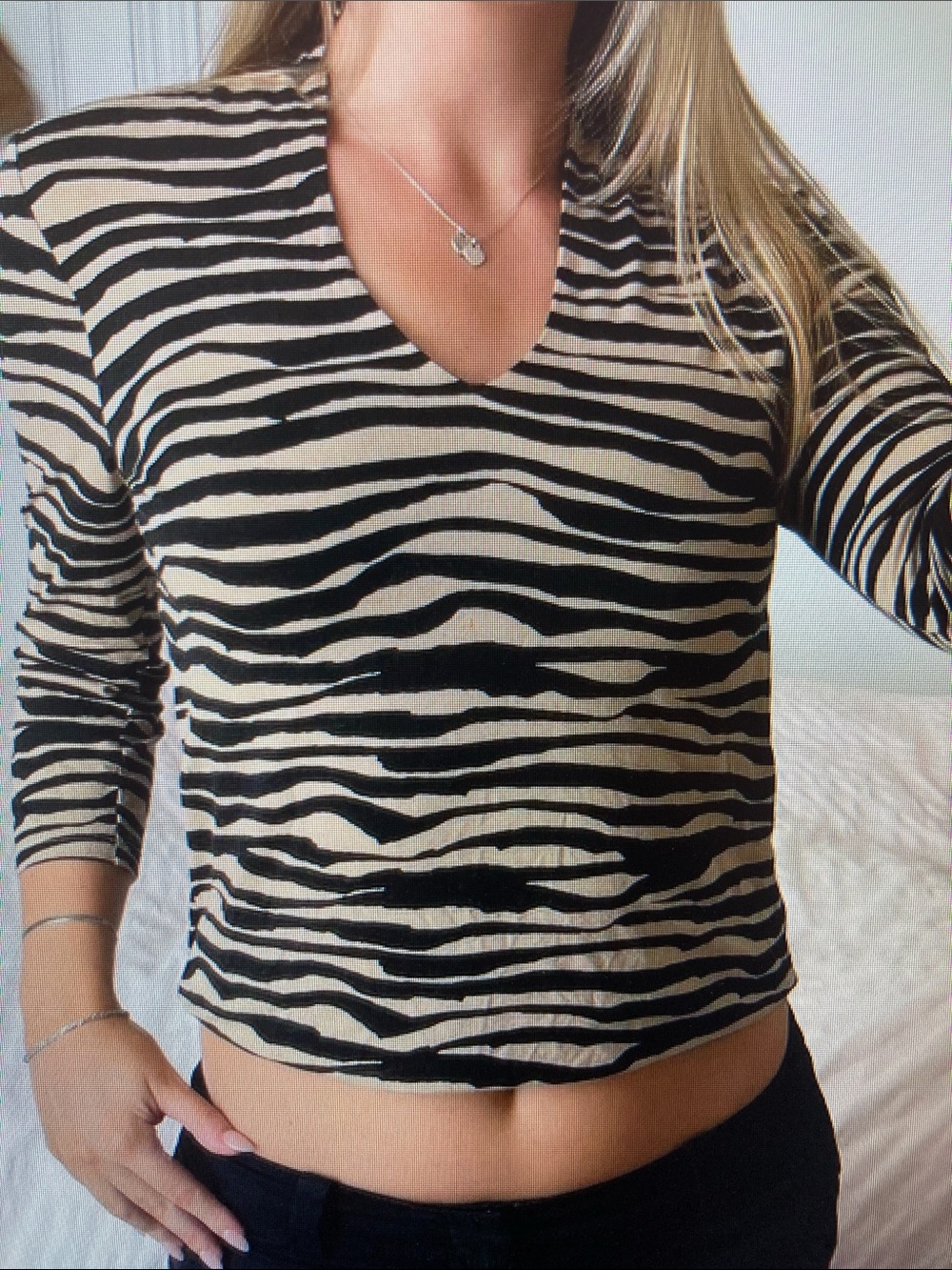 Womens Beige and Black Zebra Print V-Neck Long Sleeve Top